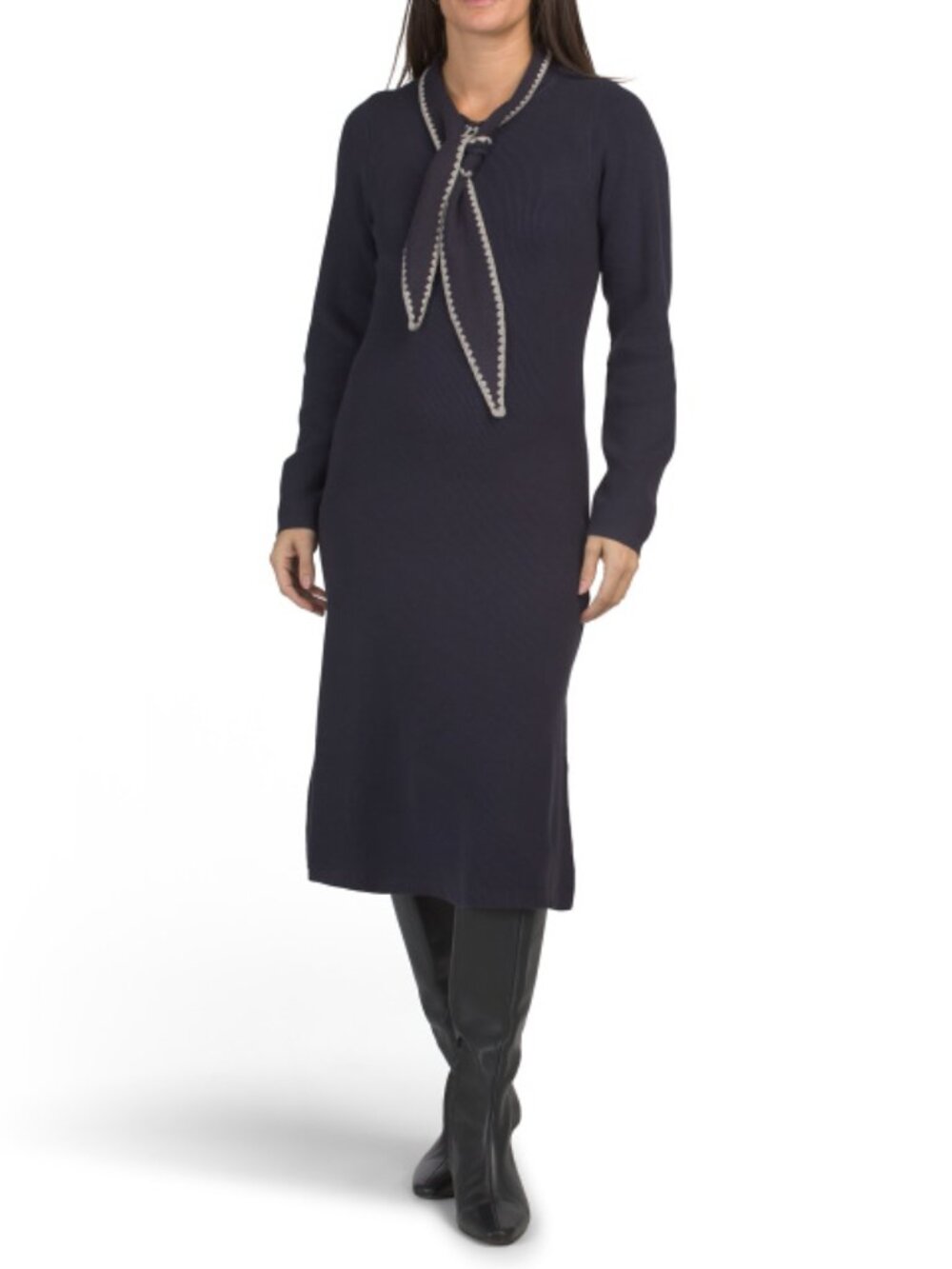 SOLITAIRE Long Sleeve Tie Neck Sweater Dress With Whipstitch Trim